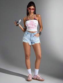 Jeanoix Pantaloni scurți din denim cu talie înaltă și rupturi și tiv brut