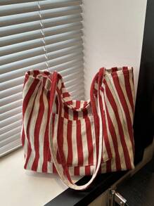 Bolso de lona a rayas retro elegante, de gran capacidad, espacioso y versátil, ideal para el trabajo, la escuela o salir, bolso escolar, bolso de lona, bolso de playa, bolso de compras [Colocación aleatoria de colores a rayas verticales]