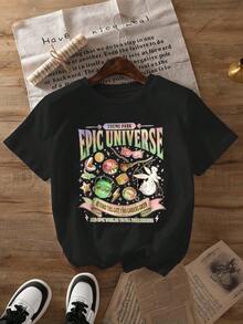 Epic Universe Fans  Graphic Tee, Summer And Spring Short Sleeve Crew Neck Casual Top, Women's Tee - 黑色 - 查看 2