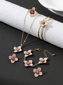 1 conjunto romântico de colar com pingente de flor de quatro folhas pintadas em rosa suave, 1 par de brincos, 1 anel, 1 pulseira, 1 bracelete - conjunto de joias femininas