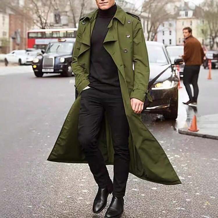 2025 Men's Mid-Length Windbreaker European And American Men's Long Coat - 卡其色 - 查看 5