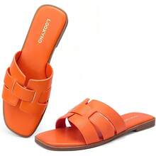 Dressy Summer Flat Sandals With Square Open Toe - Orange - View 1