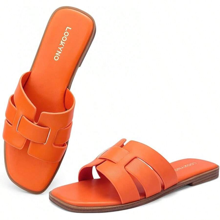 Dressy Summer Flat Sandals With Square Open Toe - Orange - View 1