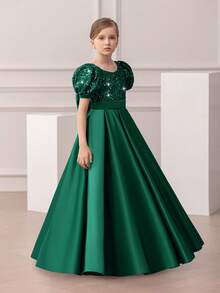 少女圣诞连衣裙优雅泡泡袖露背深 V 亮片公主裙，适合女孩生日派对、花童、婚礼、舞会、节日场合 - 墨綠色 - 查看 4