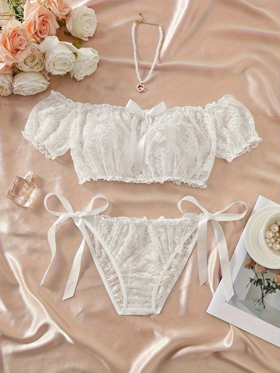 Women's Sweet And Seductive  Bra Set- Sheer White Floral Lace Bra With Bow Detail, Breathable & Comfortable - trắng - Xem 1