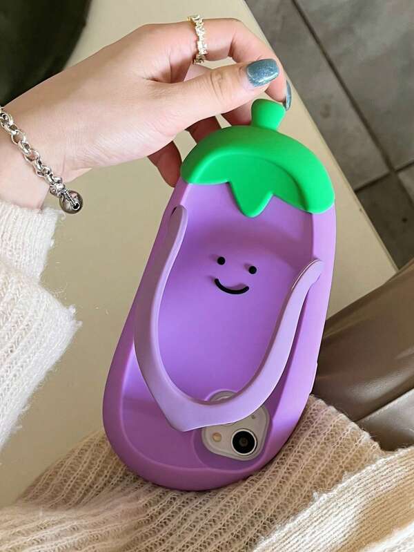 1 pieza Nuevo estuche de teléfono de silicona con diseño 3D de berenjena en forma de dibujo animado lindo y antideslizante, adecuado para iPhone 11/12/13/14/15/16/Pro Max