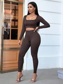 2pcs Women Solid Color Long Sleeve Top And Slim Fit Pants Set, Spring Autumn - Cà phê nâu - Xem 4