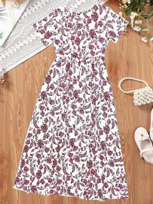 波西米亚风佩斯利印花短袖中长连衣裙,女童假日休闲连衣裙,夏季礼物 - 紅色 - 查看 5