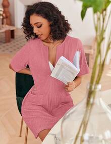 Women Zipper Robes Knit Short Bathrobe Lightweight House Coat With Pockets Soft Nightgown S-XXL - 珊瑚 - 查看 8