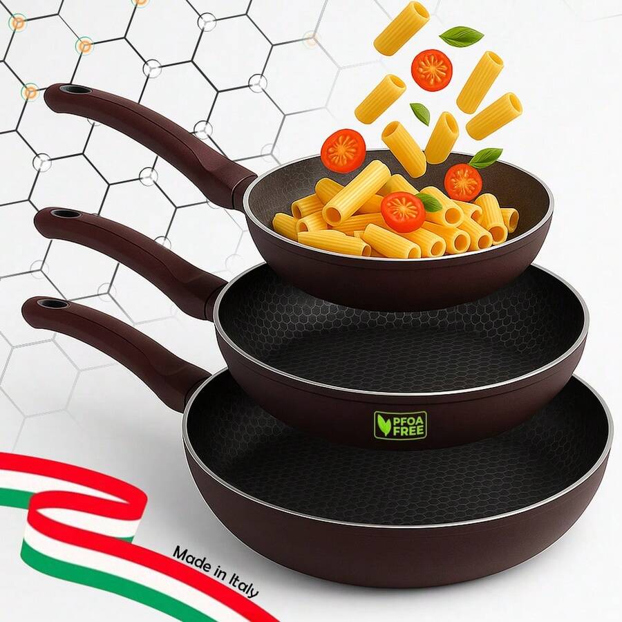 Bakaji Set 3 Padelle Bee con Rivestimento Interno Antiaderente Nido D'Ape, Diametro 20-24 - 28 cm, PFOA Free, Cottura Omogenea, Manico Atermico Cool Touch, Ideale Fornelli Gas Induzione, Universale - Viola rosso - Visualizzare 1