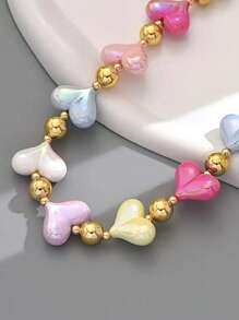 1pc Women's - Dopamine Heart Beaded With Gold Spacer Beads, Lightweight Daily Jewelry, Suitable For Party, Festival And Gift, Bohemian Jewelry