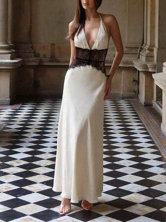 Women's Long Halter Neck Dress With Waist Sheer Lace Panel, Elegant Party Solid Color Dress