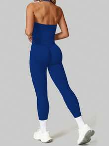 女士瑜伽上衣，健身瑜伽衫，运动服，露背褶皱内置胸罩罩杯夏季款 - 藍色 - 查看 3