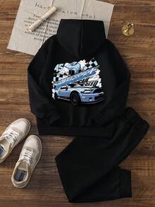 1件装青少年男童休闲印花套头卫衣，保暖内衬，长袖，秋冬季 - 专为拥有远大梦想和勇敢精神的青少年设计的传奇酷炫汽车卫衣 - 黑色 - 查看 4