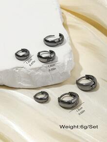 3 Pairs Minimalist Geometric Round Pentagram Open Hoop Earrings Set, Copper Alloy, Everyday Wear - Gun Black - View 4