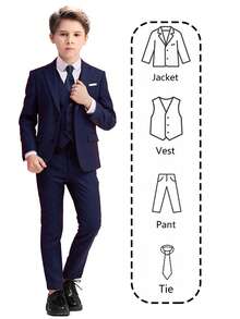 Tween Boy Suits 4-Pieces Suit Set Tuxedos Dresswear Ring Bearer Outfit Wedding Blazer Vest Pants Tie Formal Suits, Navy Blue Size 4-16Y - Navy Blue - View 4