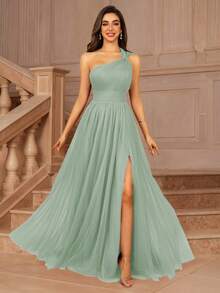 女士不对称单肩交叉领口透视露背A字正式长款伴娘婚礼宾客礼服，适合夏季情人节生日、秋季返校季生日装扮等场合。 - 薄荷綠 - 查看 7