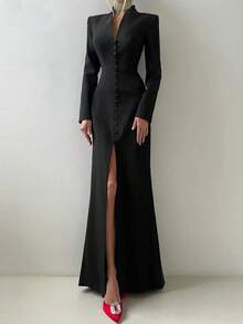 女士V领长袖及踝连衣裙，优雅经典开衩设计，纯色梭织面料，休闲舒适黑色春季款 - 黑色 - 查看 1