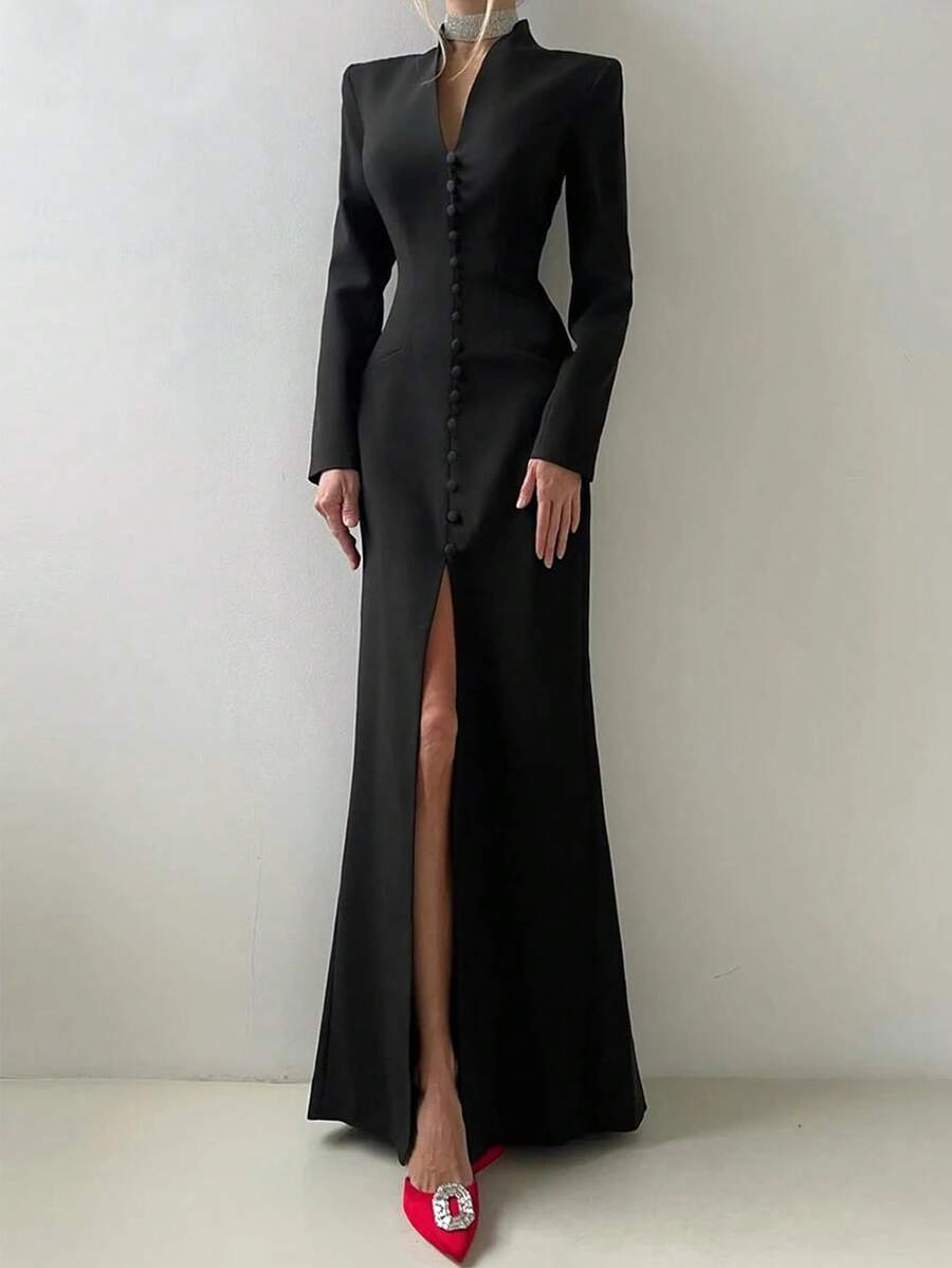 女士V领长袖及踝连衣裙，优雅经典开衩设计，纯色梭织面料，休闲舒适黑色春季款 - 黑色 - 查看 1