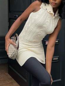 90 年代美式复古纽扣领高领无袖舒适修身针织毛衣连衣裙，适合音乐节穿着 - 杏色 - 查看 4