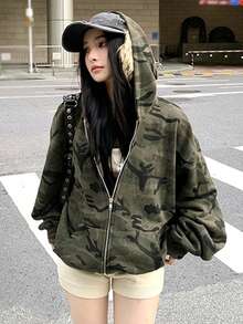 迷彩连帽卫衣外套，美式复古街头风，100%纯棉拉链上衣，（迷彩图案随机） - 軍綠色 - 查看 3