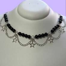 Star Choker With White Pearl Balls Punk Choker With Silver Chains - 黑珍珠 - 查看 4