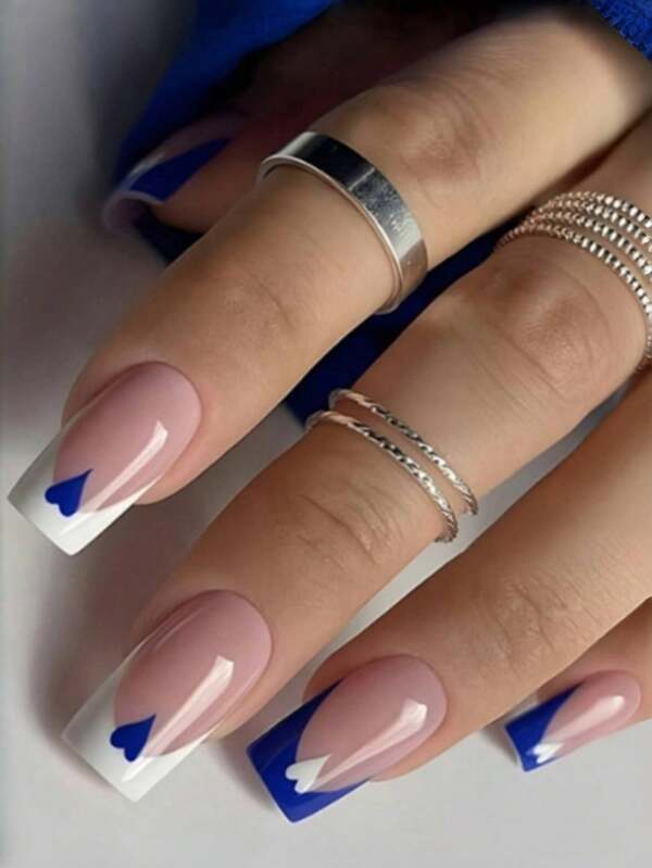 24 pegatinas para uñas con diseño de corazones de colores, parches de arte de uñas bicolor blanco y azul