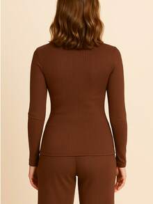 Cacharrel Women's Blouse, High Neck, Long Sleeve, Premium Ribbed, Simple, Knitted, Office - Rỉ Nâu - Xem 3