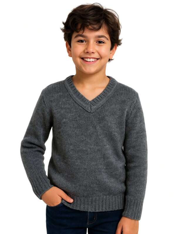 Blusa de lã gola V lisa trico infantil menino suéter frio inverno lançamento novidade do tamanho 10 ao 14