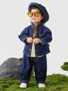 mini bala 男童Dino柔软牛仔套装2025春季两件套 - 牛仔深藍 - 查看 2