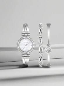Anne Klein Women's Silver Crystal Accented Bangle Watch And Bracelet Set With Two Matching Bracelets Watch Set For Women Luxury Casual Quartz Watch Set For Ladies With Adjustable Bracelet