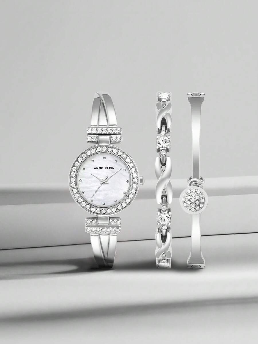 Anne Klein Women's Silver Crystal Accented Bangle Watch And Bracelet Set With Two Matching Bracelets Watch Set For Women Luxury Casual Quartz Watch Set For Ladies With Adjustable Bracelet
