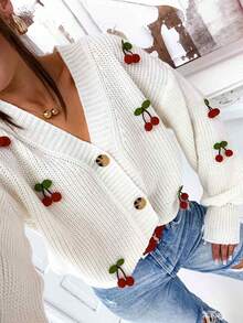 Cherry Pattern Knit Loose V-Neck Button Cardigan Jacket, Casual Autumn White - White - View 4