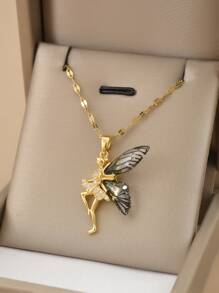 1pc Stainless Steel Fully Rhinestoned Angel Wings Luxury Necklace For Women