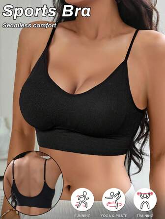 Wireless Yoga Sports Bra For Women Solid Comfortable Gym Bralette Top Summer Push Up Gym Running Top Underwear Adjustable Thin Straps Padded Yoga Gym Wear Women Ribbed Basic Bralettes Camisole