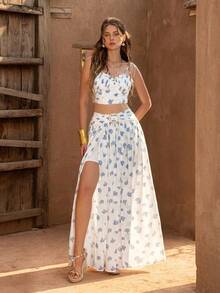 Faeriesty Conjunto de 2 piezas BohoBloom: Blusa corta con volantes + Falda midi de línea A con abertura alta, adecuado para vacaciones en la playa, festivales de música de verano, excursiones al aire libre, citas de picnic, escapadas de fin de semana - Azul y blanco - Ver 7