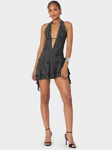 Deep V Neck Backless Distressed Asymmetrical Sexy Mini Dress, Apocalyptic Inspired - Black - View 3