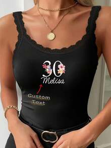 Blusa personalizada com estampa de renda branca (1 peça), regata casual versátil adequada para primavera, verão e outono, blusa exclusiva sem mangas com decote redondo em renda, design com decote em V e costas nuas, presente versátil para namorada.