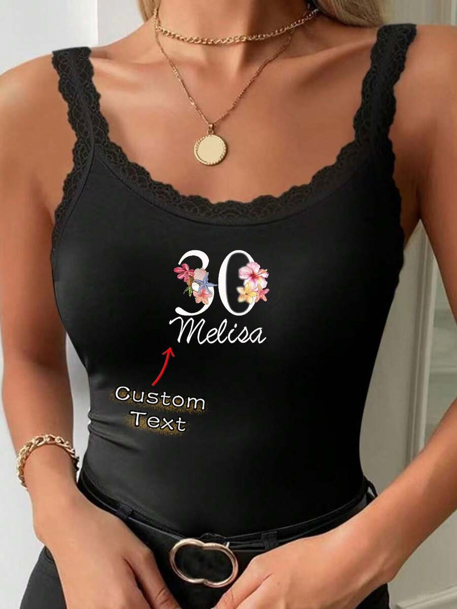 Blusa personalizada com estampa de renda branca (1 peça), regata casual versátil adequada para primavera, verão e outono, blusa exclusiva sem mangas com decote redondo em renda, design com decote em V e costas nuas, presente versátil para namorada.