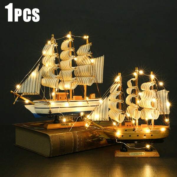 1pc LED Sailing Boat Decoration, Realistic Wooden Sailboat Ornament, Home, Cabinet, Showcase, Office Decor