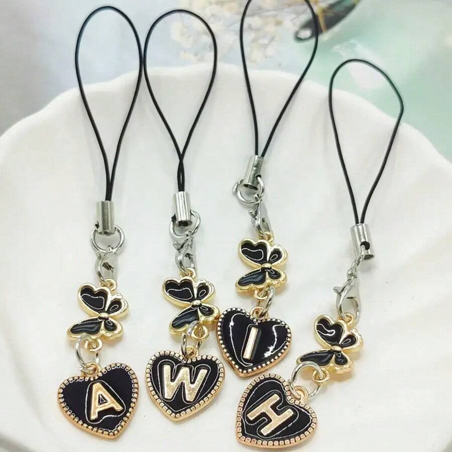 1pc Metallic Heart & Alphabet Letter A-Z Charm Phone Pendant - Black - View 1