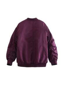 女式紫色飞行员夹克，前拉链口袋，长袖休闲保暖外套，适合秋冬 - 紫色 - 查看 3