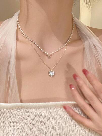 1 Pair Fashion Faux Pearl Double-Layer Heart Necklace, Stylish Delicate Layered Choker Necklace For Women