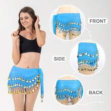 Chiffon Belly Dance Hip Scarf With 128 Coins For Yoga Class - 淺藍色 - 查看 10