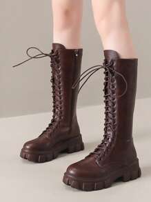 Women's Red Thigh High Boots, Wedge Heel, Thick Sole, Lace-Up, Leather Upper, Side Zipper, Tall Motorcycling Boots