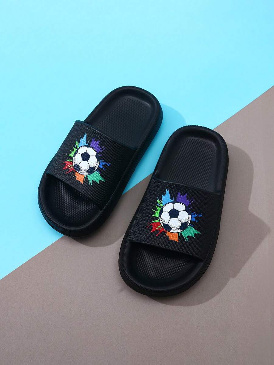 Kids EVA Foam Slippers, Lightweight Non-Slip Soft Soles Football Design, Comfortable Home/Casual Slip-On, Quick Drying, Solid Color, Thick Sole, Suitable For Boys & Girls, Beach Sandal - Black - View 1