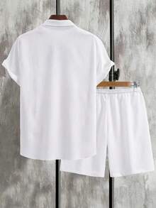 男士夏季纯色短袖休闲衬衫和系带腰短裤，2 件/套休闲装 - 白色 - 查看 2