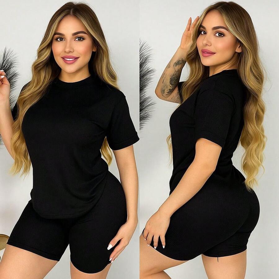 Conjunto casual moda dama de camiseta holgada tipo oversize y short tipo biker, casual verano cómodo - Negro - Ver 1