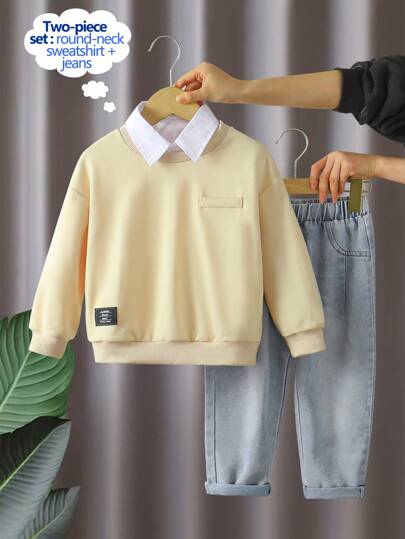 2-Piece Young Boys' Casual Outfit - Khaki Solid Color Crew Neck Long Sleeve Sweatshirt With Light Blue Denim Pants (Shirt In Image Not Included For )