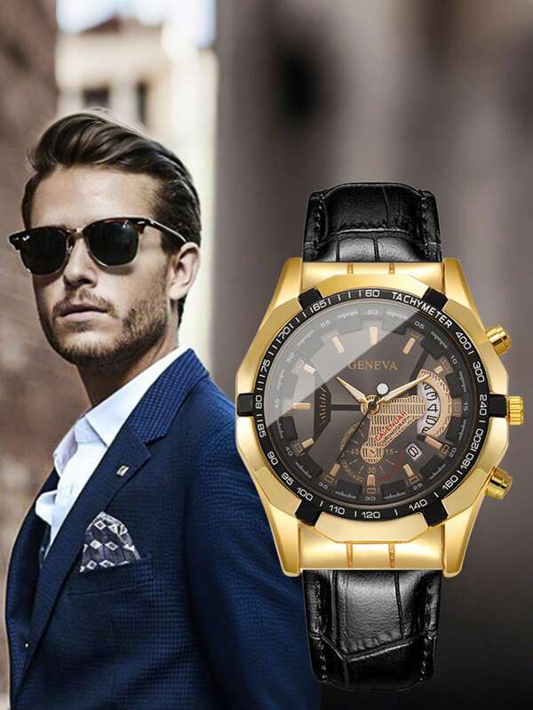 1 stuk Business Stripe Scale herenhorloge, PU-leren band, quartz-uurwerk, roestvrij staal, ideaal cadeau voor mannen op festivals